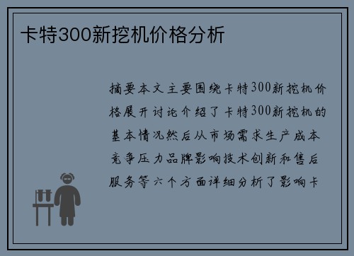 卡特300新挖机价格分析