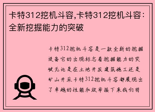 卡特312挖机斗容,卡特312挖机斗容：全新挖掘能力的突破